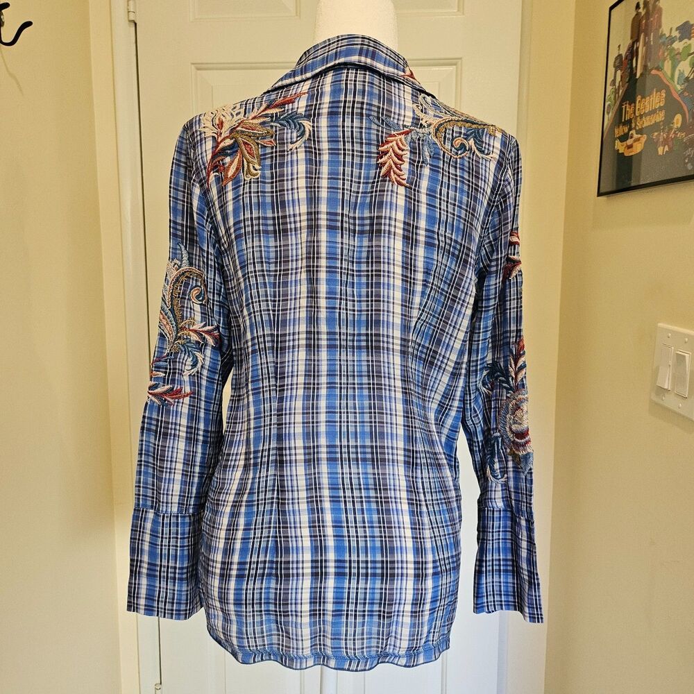 NWT Johnny Was Plaid Womens Shirt S Button Down Floral Embroidered 100% Silk - Picture 6 of 6